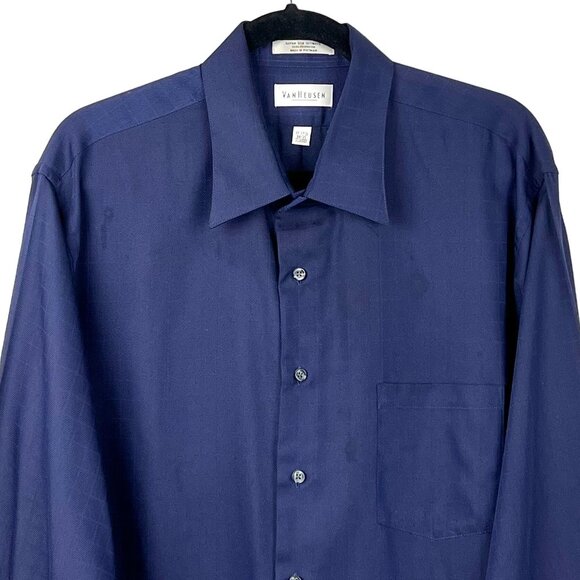 Van Heusen Button Up Dress Shirt Blue Jacquard Checkered Pattern XL 17 1/2 x 35 - Picture 1 of 11